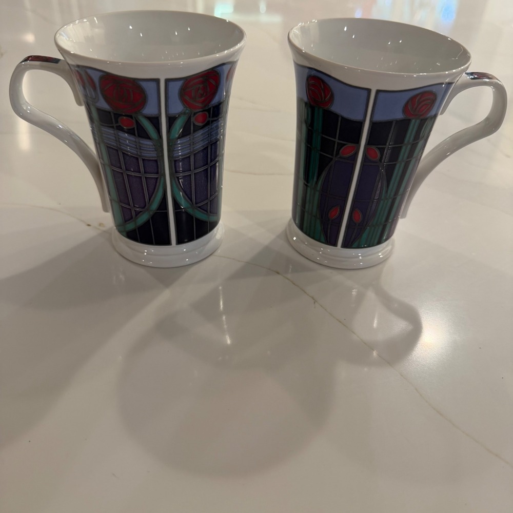 Dunoon Kirn Stoneware Mugs Set of 2 Scotland Art Nouveau Rose Mackintosh Style